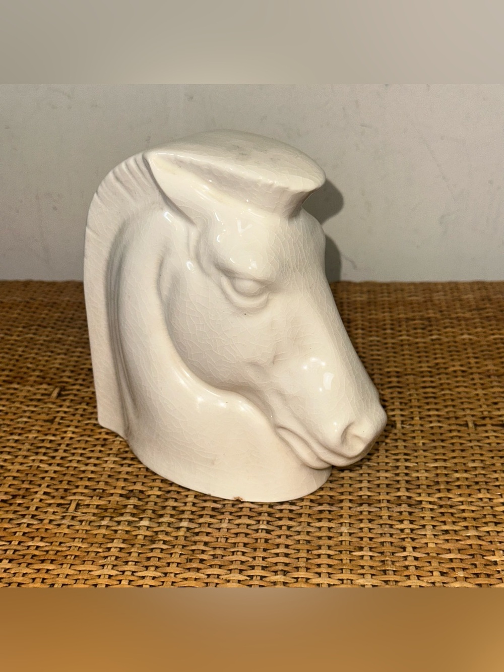 Vintage Art Deco White Ceramic Horse Head Bookend 6” Crackle Glaze MCM Decor